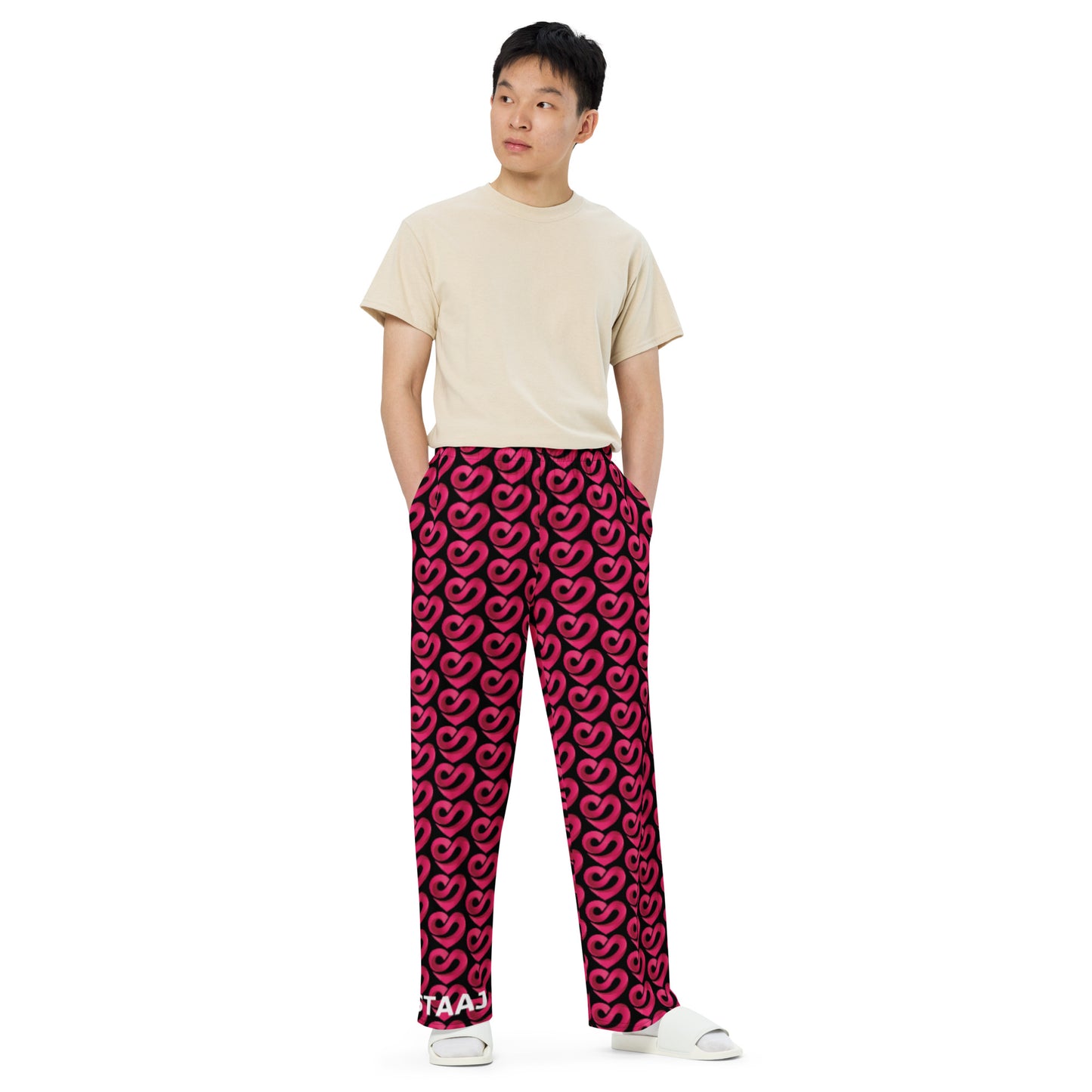 STAAJ Heart-S All-Over Print Unisex Black Wide-Leg Pants