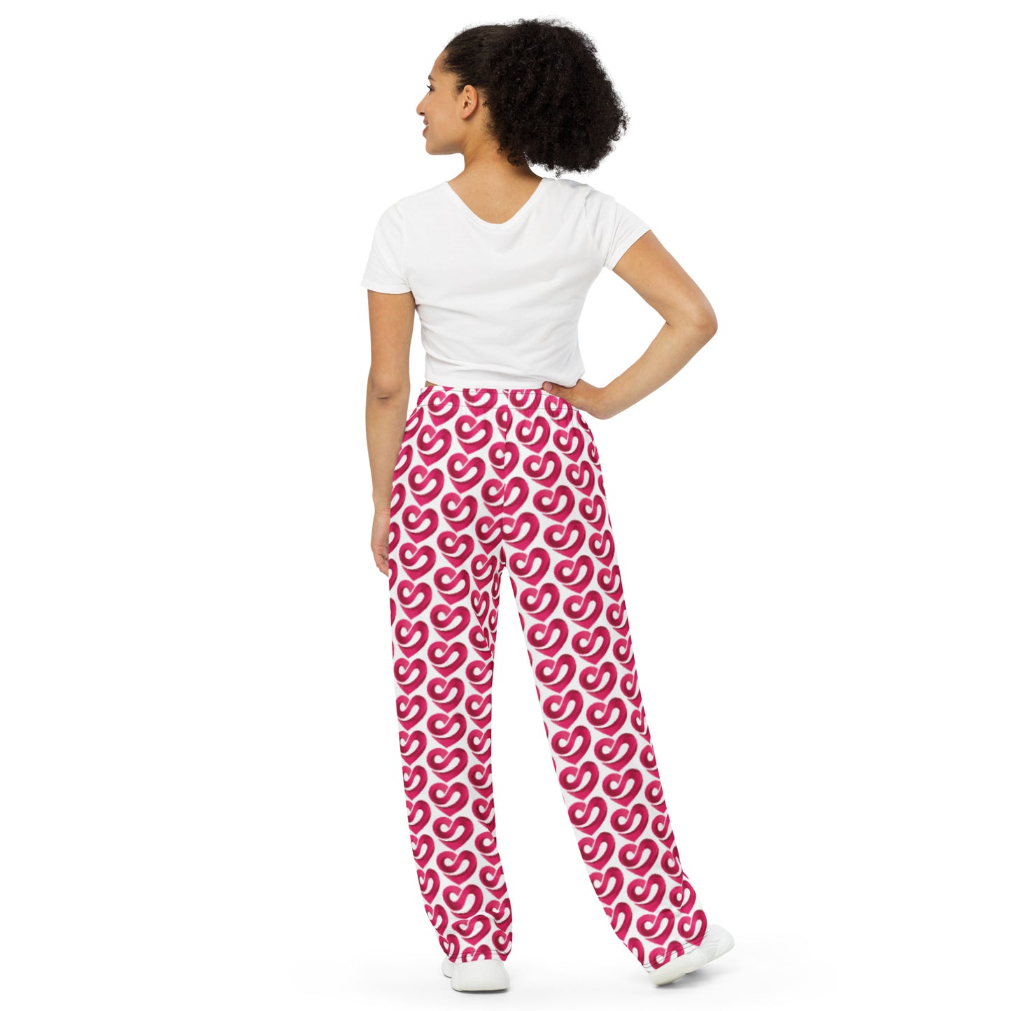 STAAJ Heart-S All-Over Print Unisex White Wide-Leg Pants