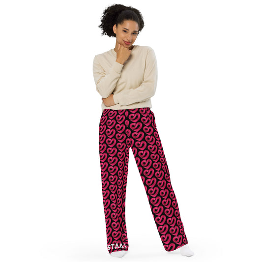 STAAJ Heart-S All-Over Print Unisex Black Wide-Leg Pants