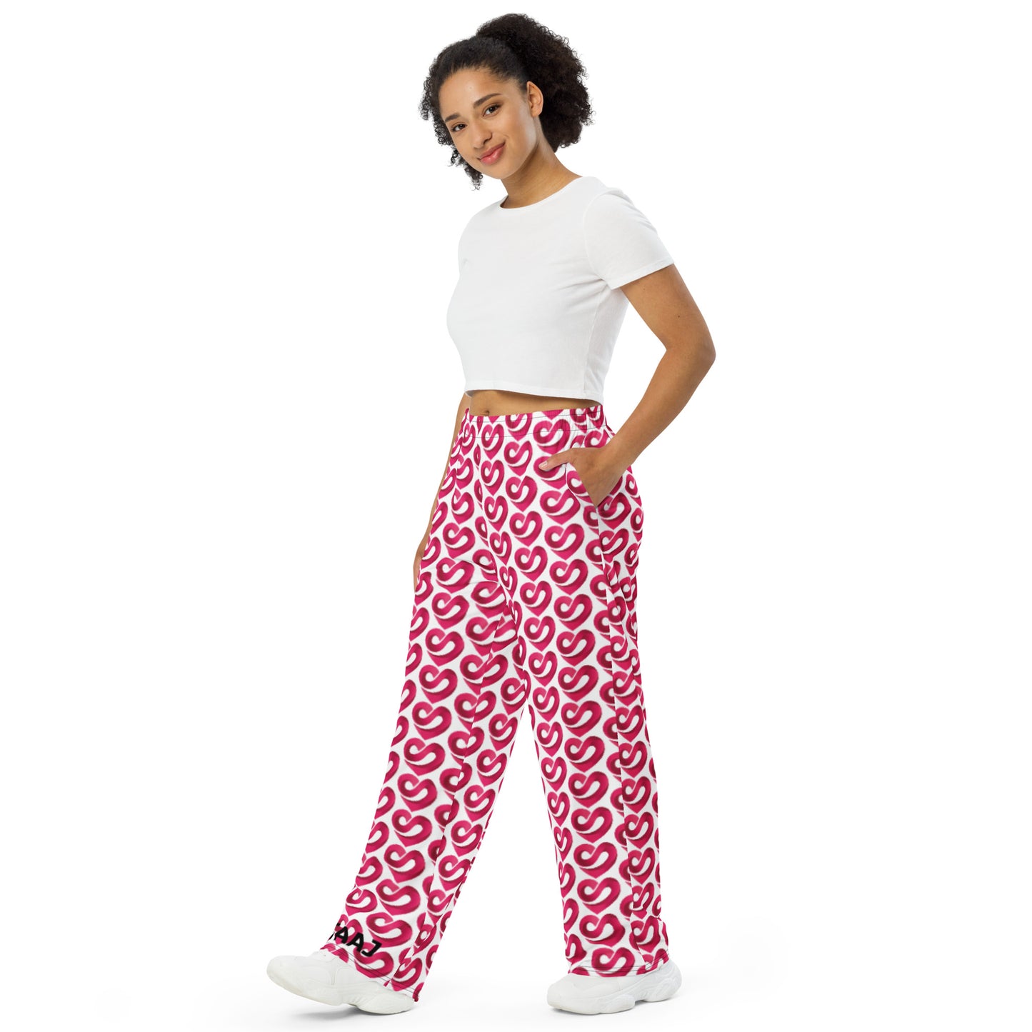 STAAJ Heart-S All-Over Print Unisex White Wide-Leg Pants