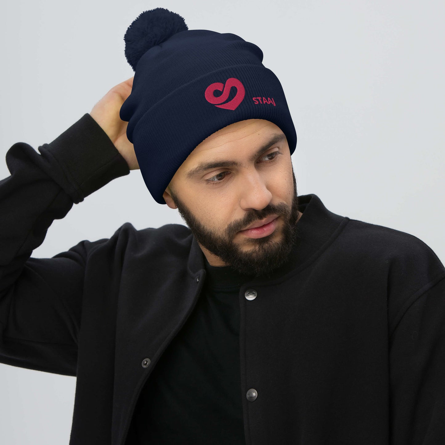 STAAj and Heart-S Navy Pom-Pom Beanie